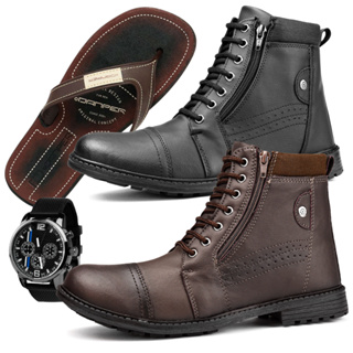 Kit de 2 Pares Bota Coturno Casual Ferraretto Cano Médio Confortável com Chinelo e Relógio em Oferta na Shopee