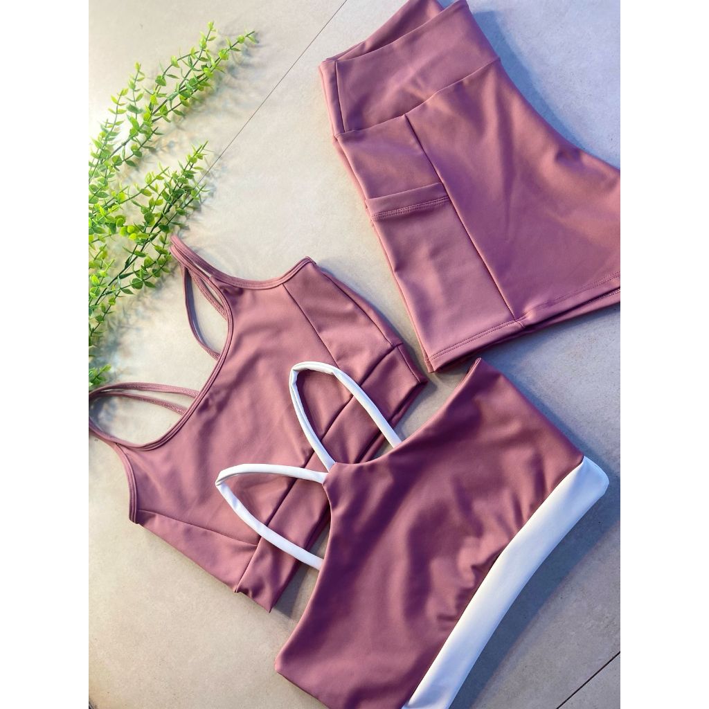 kit Conjunto de Academia 2 Top entrada para Bojo e Short com bolsos laterais Zero Transparência