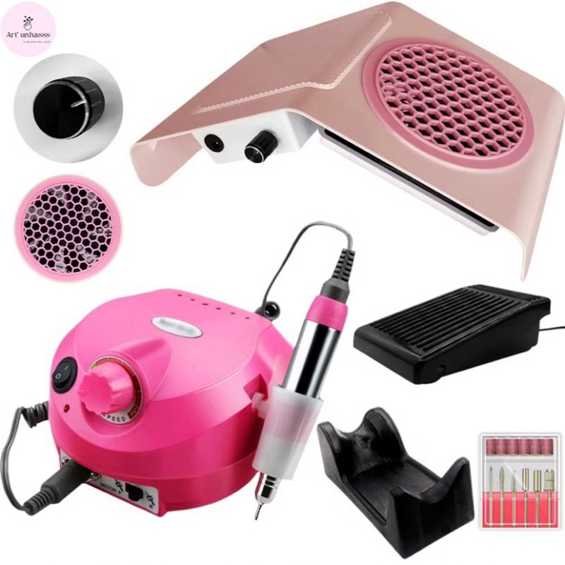 Kit Lixa Lixadeira Motor Porquinho + Coletor Sugador Aspirador De Pó Unhas Gel Acrigel Porcelana Manicure Profissional