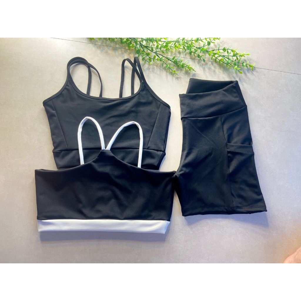 kit Conjunto de Academia 2 Top entrada para Bojo e Short com bolsos laterais Zero Transparência