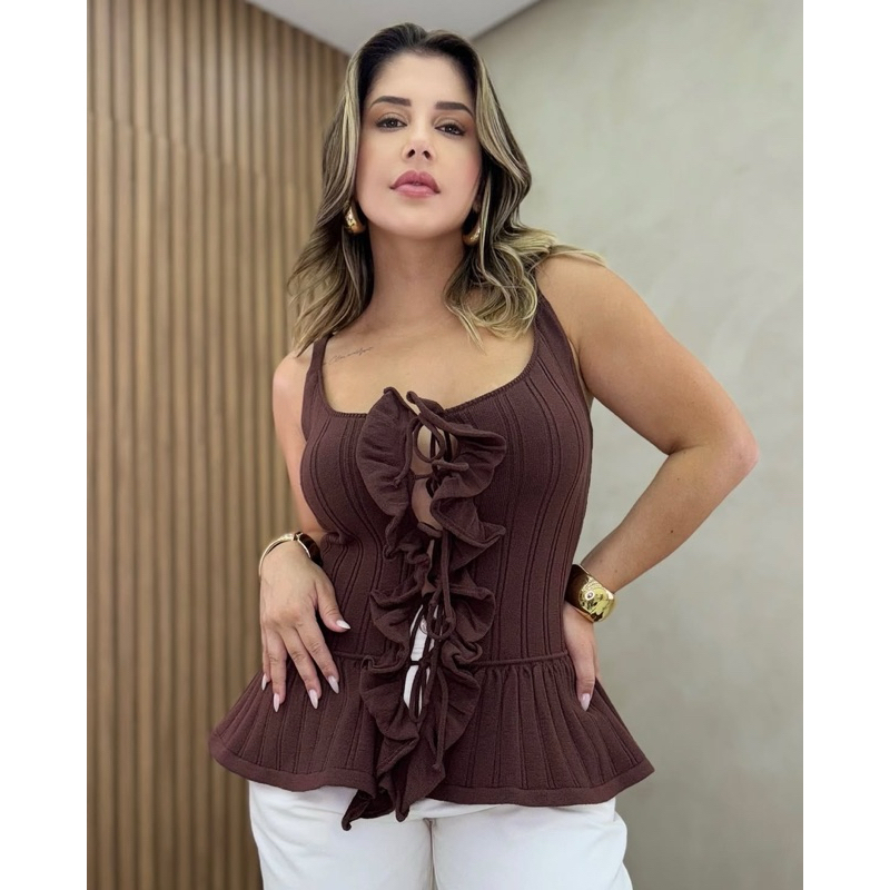 Blusa bata regata babados boho chic feminina tricô tricot tendência novidade lançamento casual