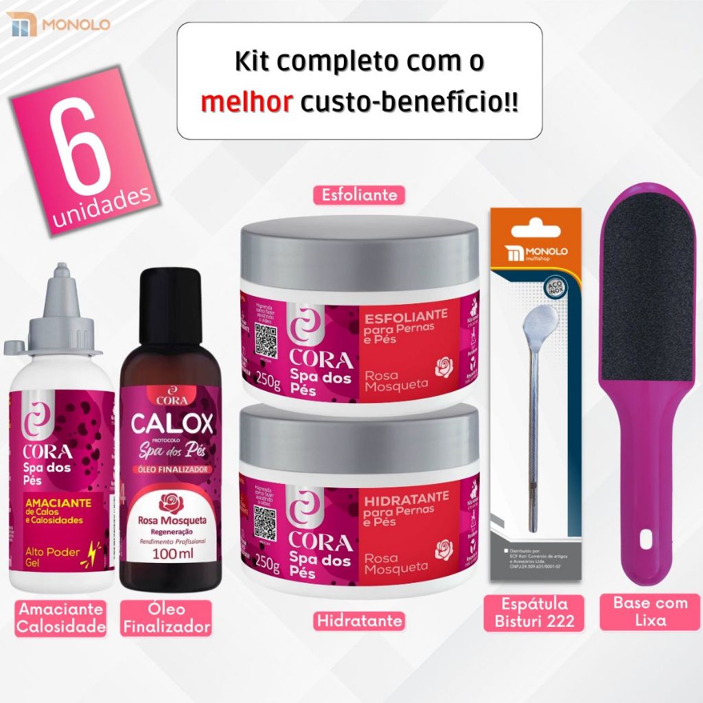 Kit Amaciante + Hidratante + Esfoliante + Óleo + Espátula Inox + Lixa SPA Pés Podóloga Remove Calos