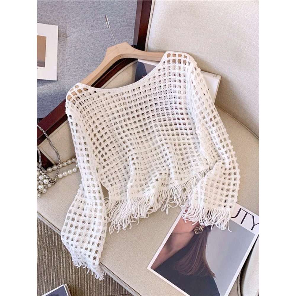Blusa Cropeed Praia Com Franja Trico Croche Moda Social Verao