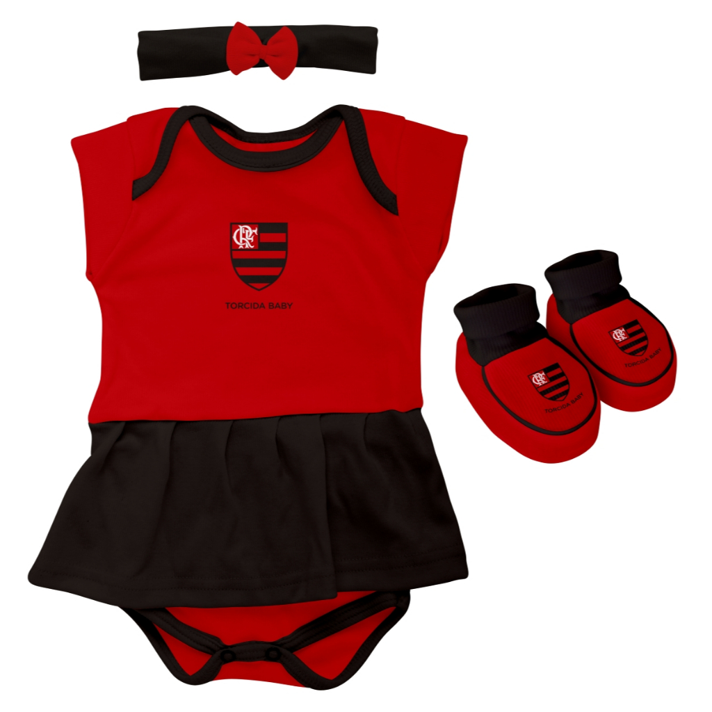 Body + Pantufa + Laço Feminino Para Bebê Flamengo - Torcida Baby Licenciado Mêsversário Libertadores