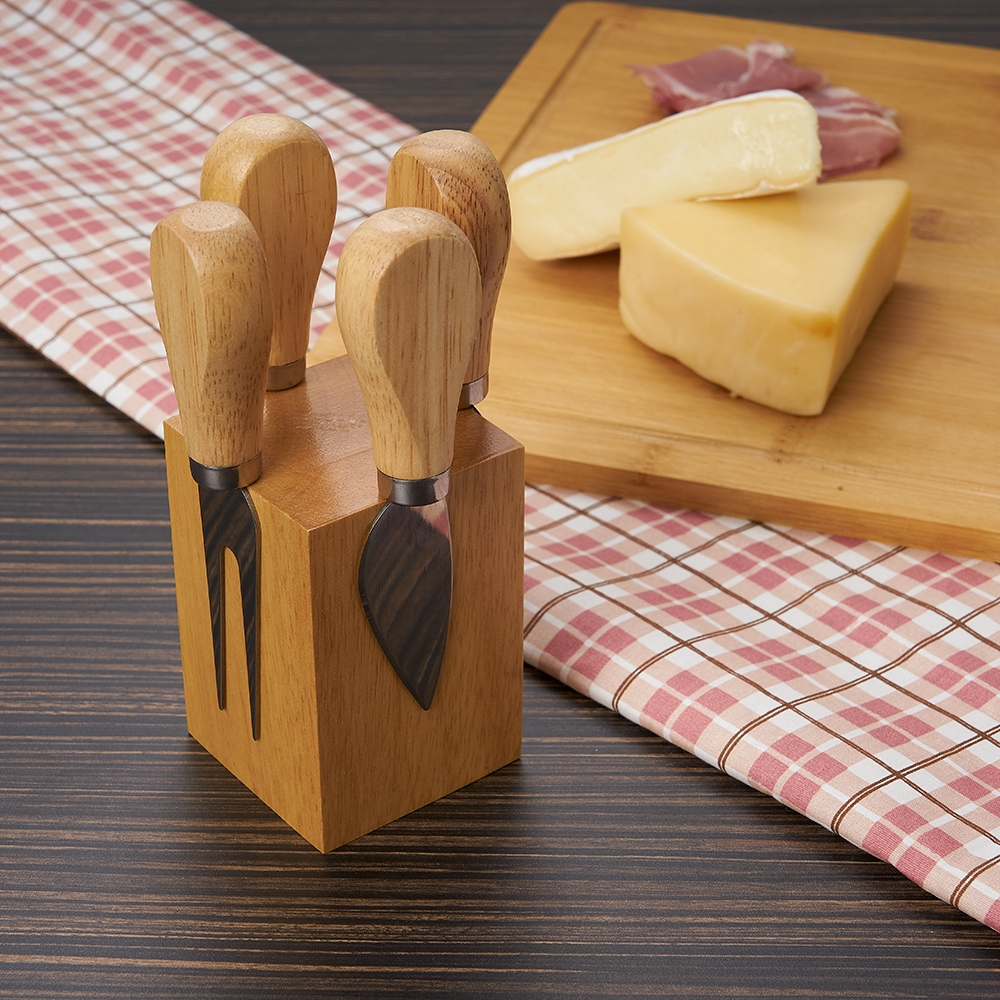 Jogo Conjunto 4 Peças para Queijo Kit em Aço Inox com Cabo de Madeira em Bambu