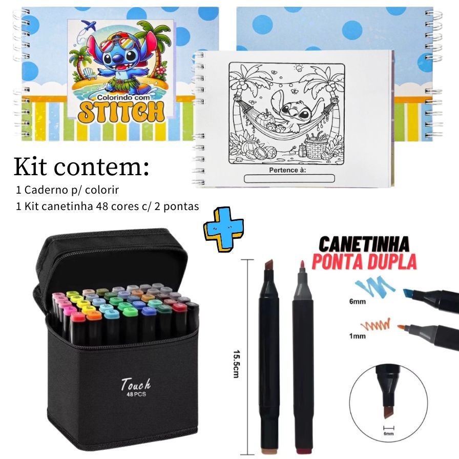 KIT Caderno de Colorir + Canetinha Duas Pontas - 48 cores, 50 páginas de Desenho ESCOLHA O TEMA