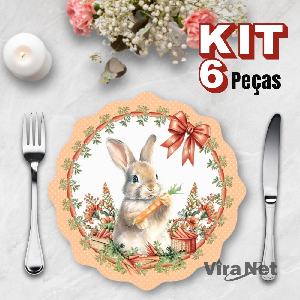 Kit Capa Sousplat Páscoa Coelhos Estampados Organização Mesa Casa Cozinha Multiuso 2-4-6 Peças