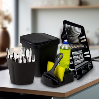 Kit Pia Cozinha Multiuso Lixeira Rodo de Pia Porta Detergente Porta Talher Escorredor de Louças 5 Pç em Oferta na Shopee