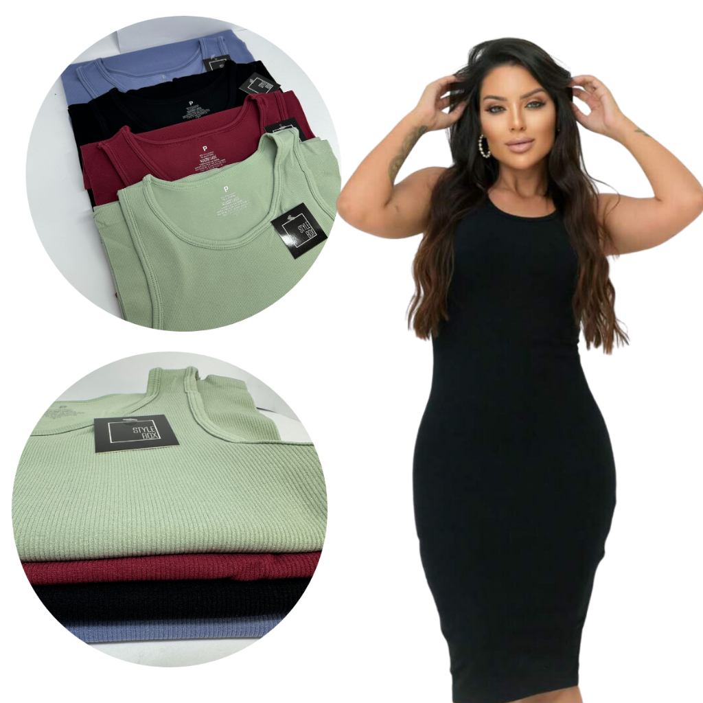 Vestido Feminino Midi Tubinho Canelado Vestido Longo Feminino Verão Sem Manga Elegante Moda Verão Tecido Confortavel