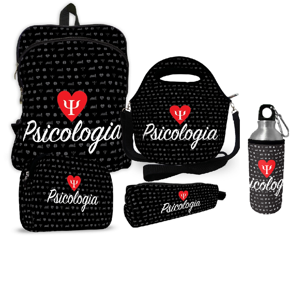 KIT MOCHILA PLUS + LANCHEIRA + NECESSAIRE COMUM + ESTOJO + SQUEEZE ALUMINIO C/ CAPA