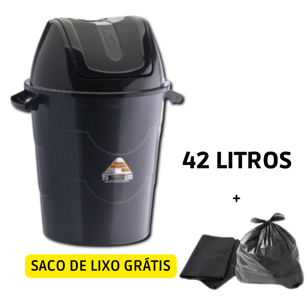Cesto Lixeira Redonda 42 Litros Reforçada Com Tampa Para Cozinha Banheiro Escritório Lixo Grande Preto - Plasconex em Oferta na Shopee