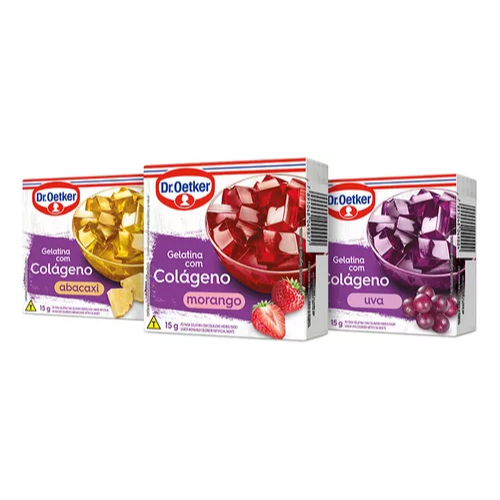 Kit 3 Gelatina Com Colágeno Sabor Abacaxi - Morango - Uva Dr.Oetker 15G cada