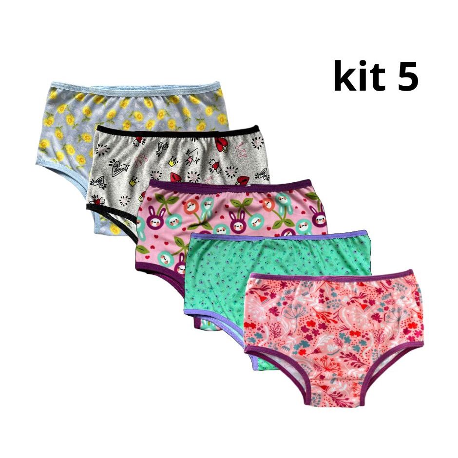 Kit 5 Calcinha Infantil Menina estampas sortidas forro 100% algodão calcinha grande presente natal