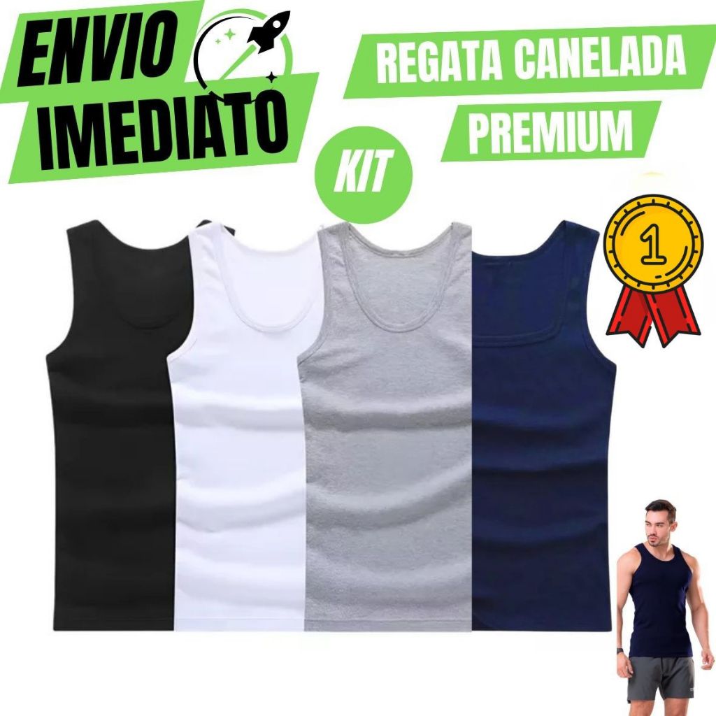Kit De 4 Regata Premium Masculina Modelo Americano Canelada Algodão e Elastano Malha Encorpada Ultra Conforto em Oferta na Shopee
