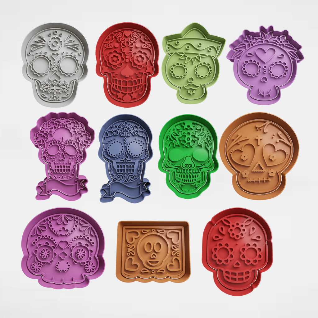 Kit com 11 Cortadores de Bolacha Biscoito Pasta Americana - Caveiras Mexicanas