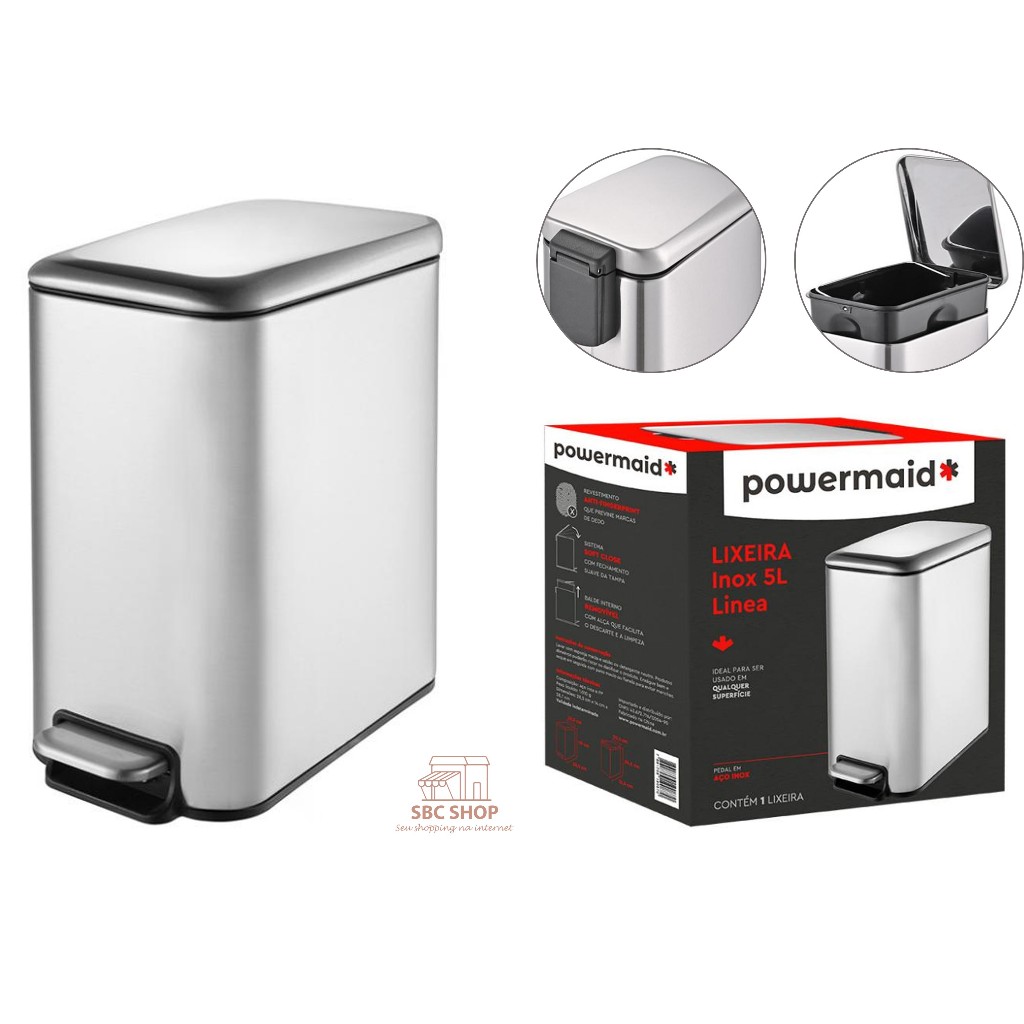 Lixeira Aço Inox Escovado Linea 5 Litros Retangular Com Pedal Powermaid Cozinha Banheiro Camesa