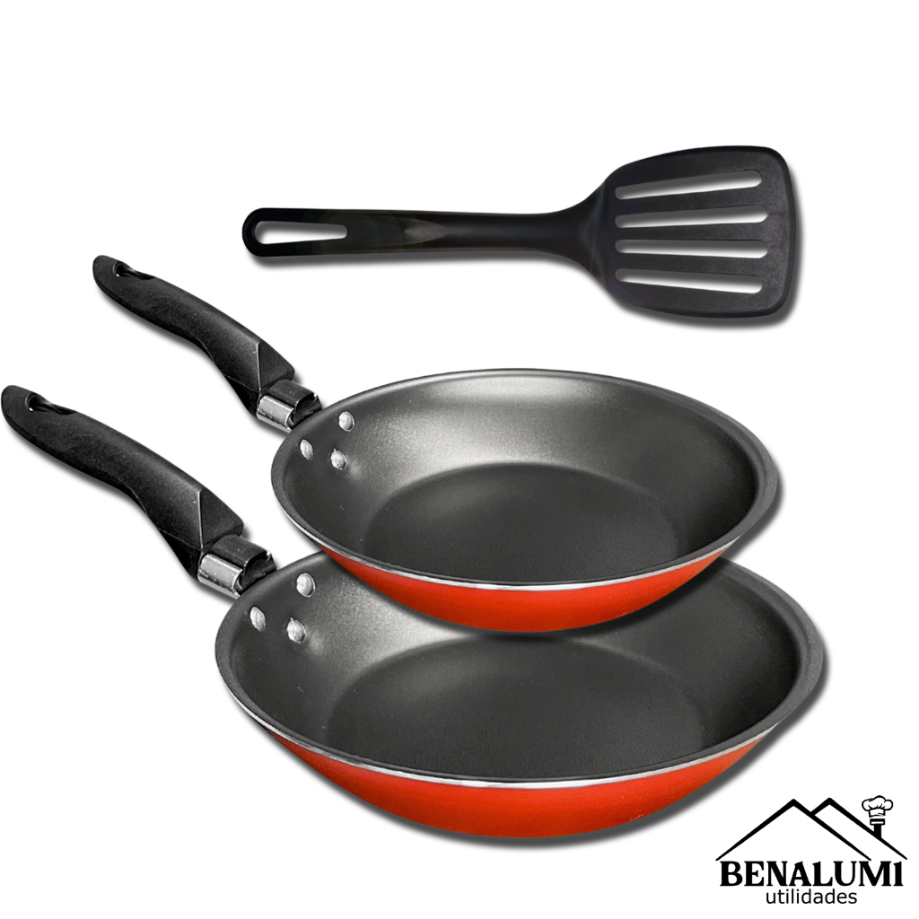 Kit Frigideira Francesa 18 e 22cm Vermelha Antiaderente + Espátula Nylon