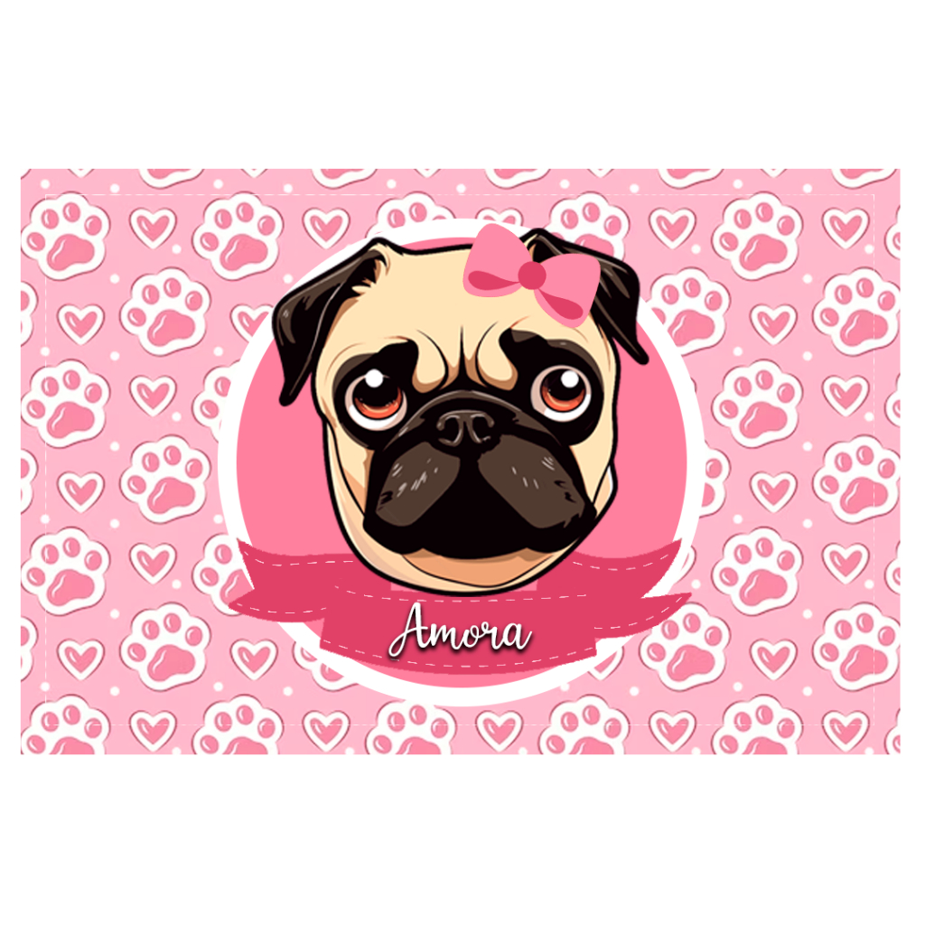 Tapetinho Pet PUG Jogo americano - Tapete para comedouro para gato e cachorro - Porta comedouro com nome