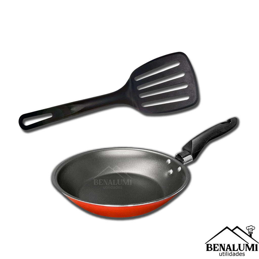 Frigideira Francesa 16cm Antiaderente Vermelha + Espátula Nylon.