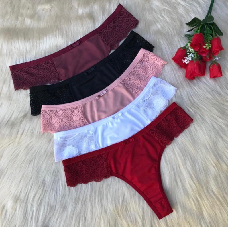 Kit Calcinhas Fio Dental com Renda Lateral em Oferta na Shopee