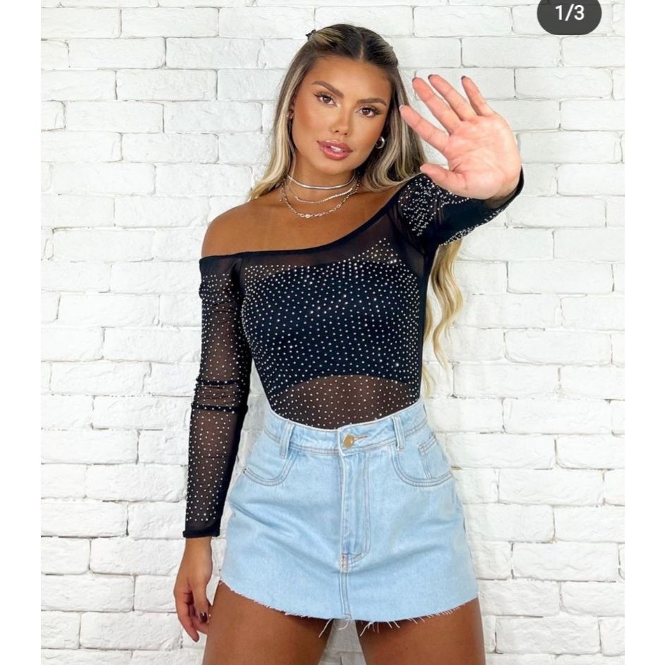 BLUSA CAMISETA BODY COM FECHO MANGA LONGA OMBRO A OMBRO CIGANA TULE PEDRARIA STRASS MODA FEMININA OO