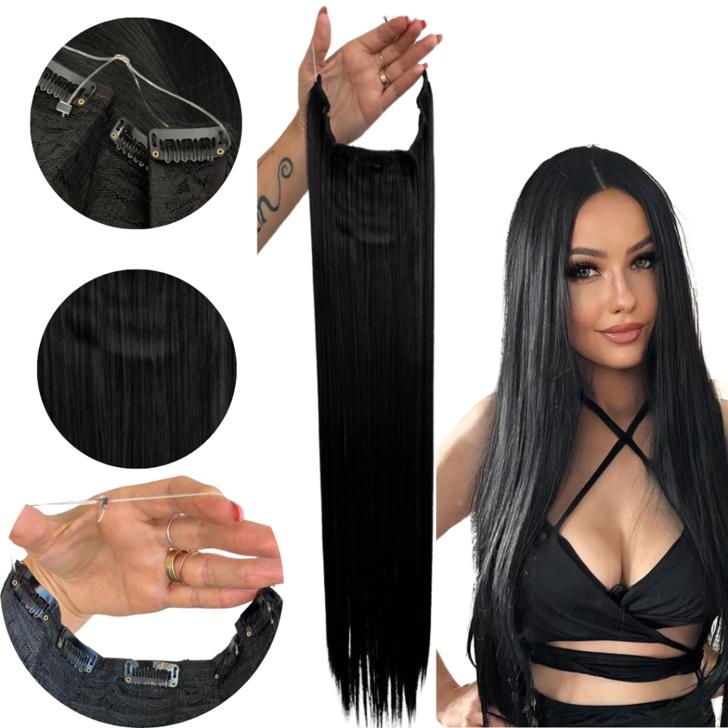 Alongamento de Cabelo Mega Hair Fio Mágico Invisivel e Tic Tac Aplique Cabelo Bio Humano 70cm Preto 150 gramas