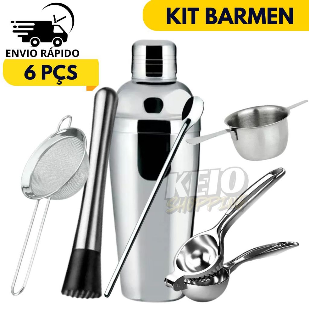 Kit Bar 6 Peças Coqueteleira Inox Socador Dosador Colher Bailarina Espremedor De Limão Pen...