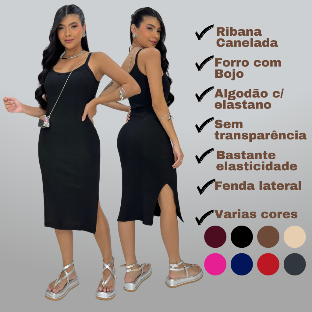 Vestido Mid Alça Ribana Canelada Algodão com Elastano com Bojo Fenda Lateral Festa Dia a Dia Casual Elegante Gestante em Oferta na Shopee