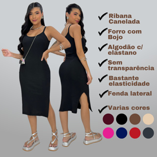Vestido Mid Alça Ribana Canelada Algodão com Elastano com Bojo Fenda Lateral Festa Dia a Dia Casual Elegante Gestante em Oferta na Shopee