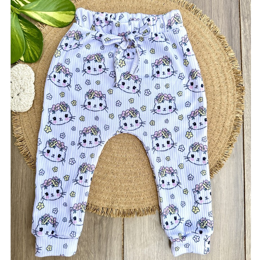 Calça Infantil Canelada Estampa Gatinhas em Oferta na Shopee
