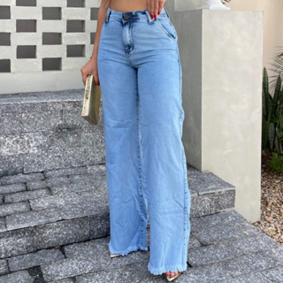 Calça Jeans Feminina Wide Leg Pantalona Cintura Alta Barra Desfiada em Oferta na Shopee