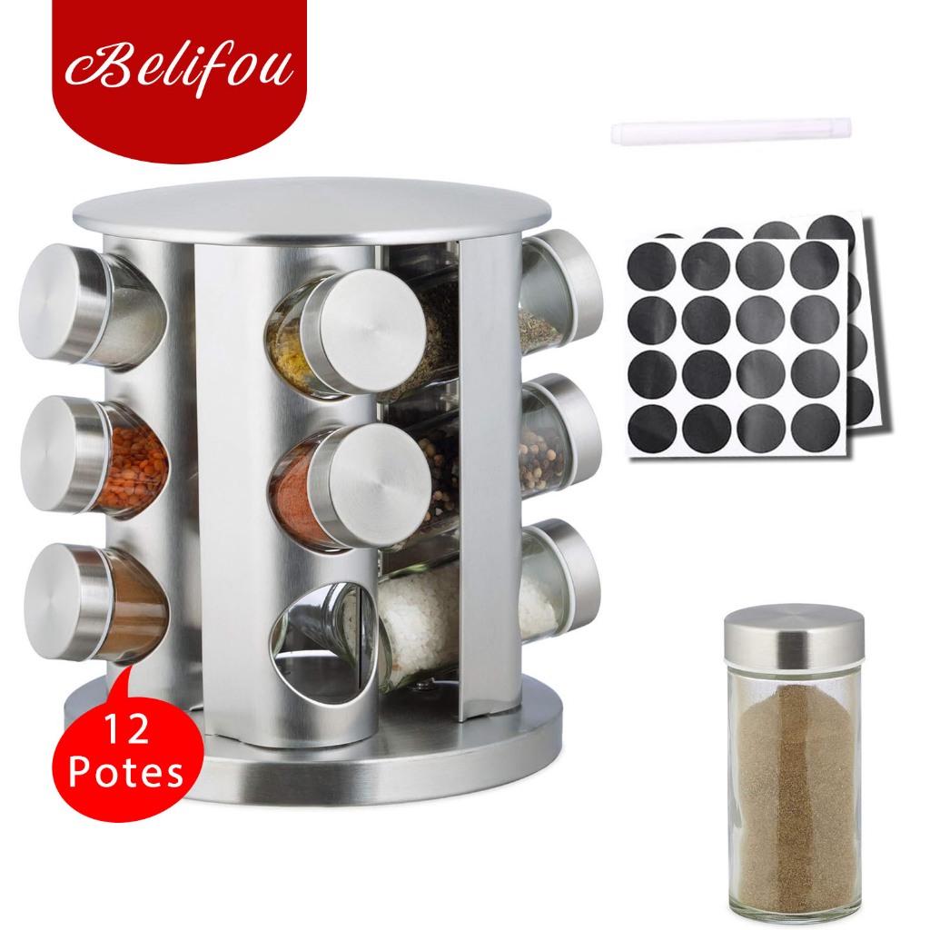 Belifou Porta Tempero Giratório Inox 12 Potes Com Suporte Giratorio Pote De Especiarias Gi...