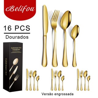 Belifou Kit 16/18/24 Jogo De Talheres Para Bife Aço Inoxidável Dourados Colher Pequena