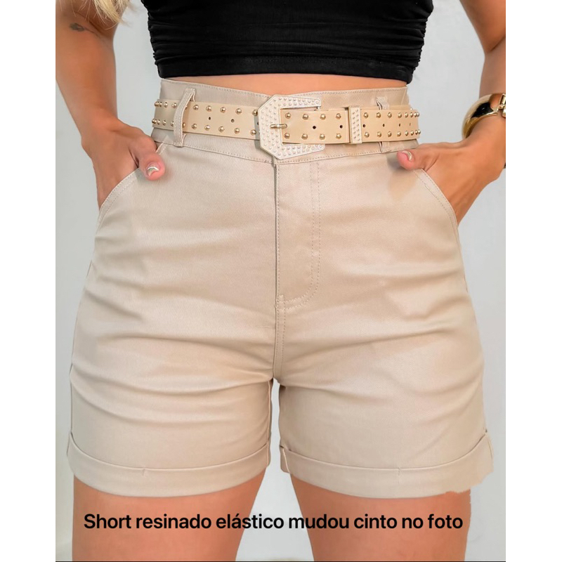 short resinado com cinto super elástica tecido parecido couro