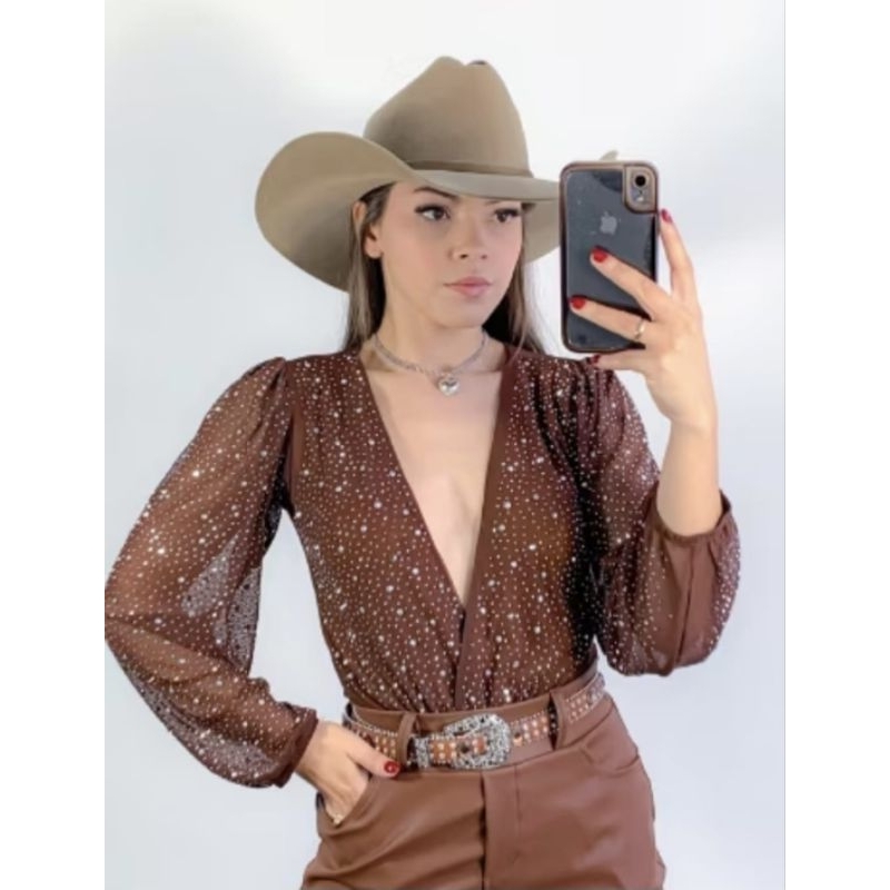Body Feminino Manga Longa Bufante brilho, Bode Pedraria com strass, Bory Stras Brilho, tule com forro,Bojo festa,country