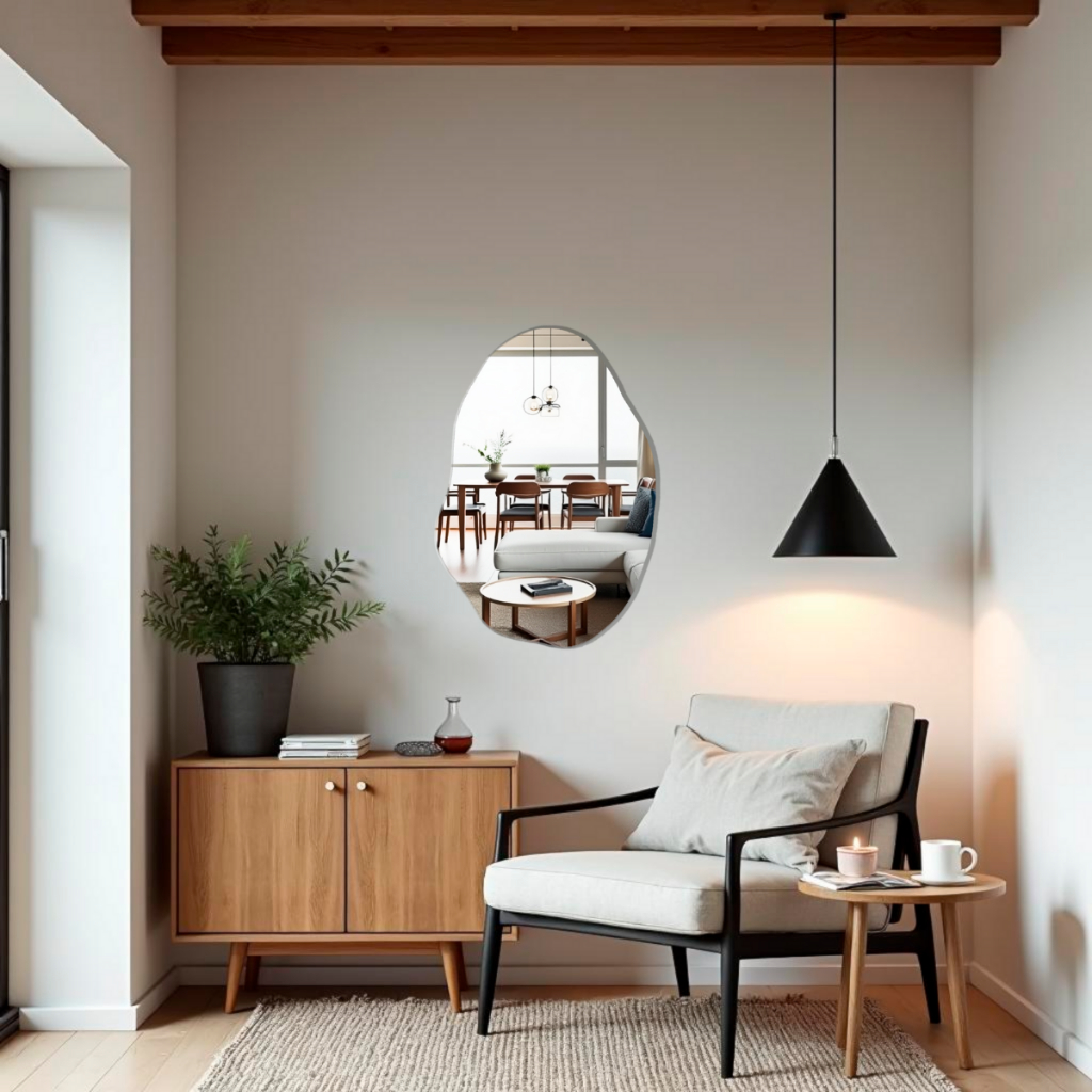 Espelho Organico Moderno 70x50cm Lapidado Com Suporte de Parede E Dupla Face Quarto Sala B...