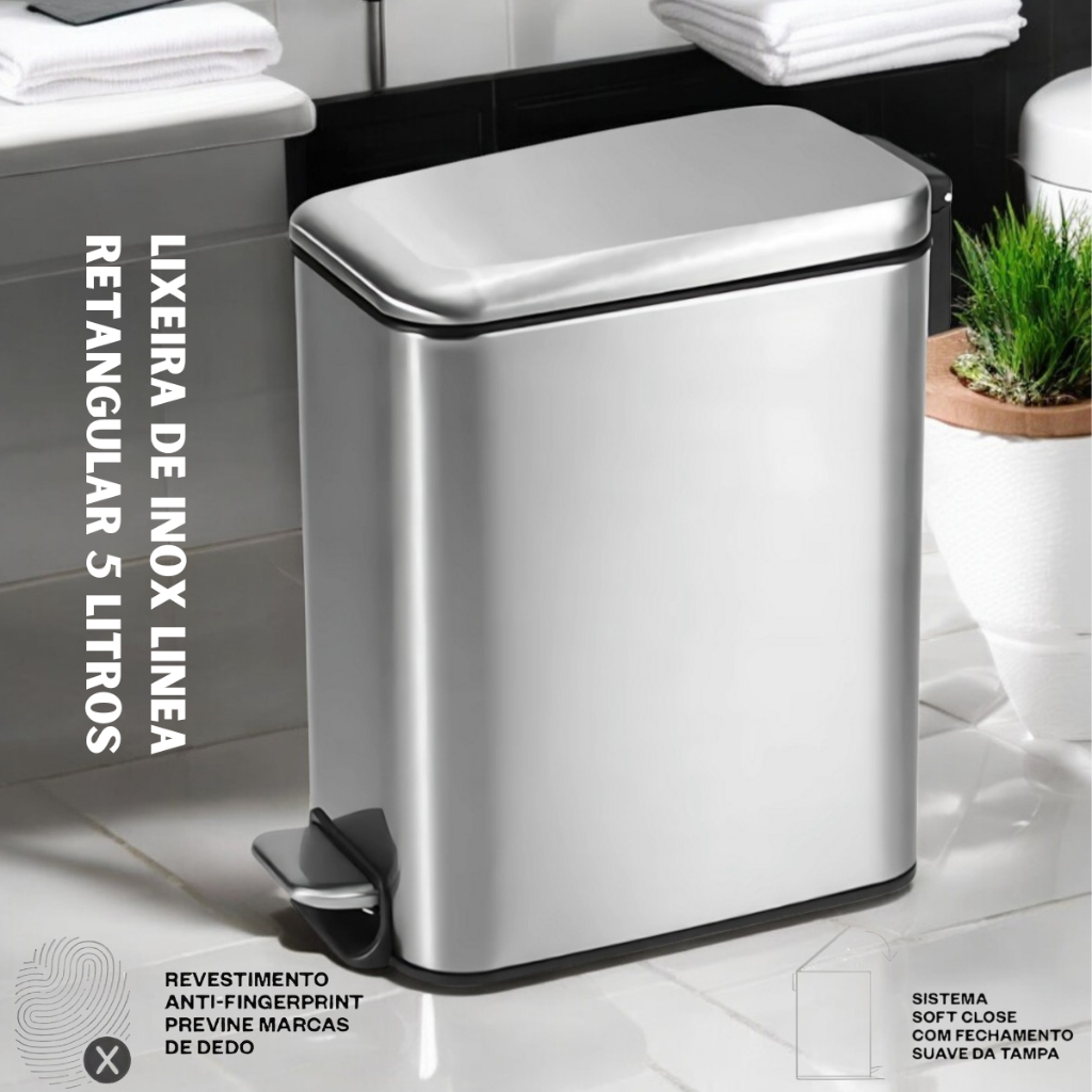 Lixeira Inox Escovado Retangular Linea Com Pedal 5lts Cesto Removível Multiso Banheiro Escritório