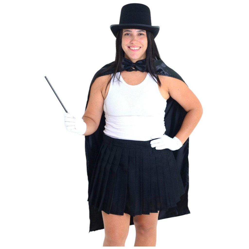 Fantasia Mágico Feminino Saia Capa Varinha Gravata Luva Cartola Adulto Infantil