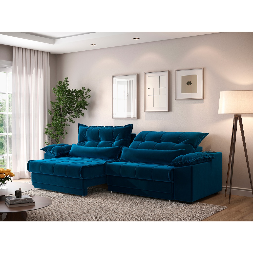 Sofá Retrátil e Reclinável com Molas ensacadas e Carregador USB Colosso 2,10m Veludocristal Azul Marinho - NETSOFAS em Oferta na Shopee