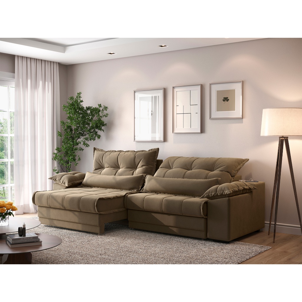 Sofá Retrátil e Reclinável com Molas ensacadas e Carregador USB Colosso 2,10m Veludocristal Castor - NETSOFAS - Home & Living