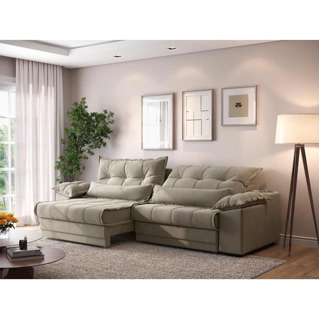 Sofá Retrátil e Reclinável com Molas ensacadas e Carregador USB Colosso 2,10m Veludocristal Fendi - NETSOFAS