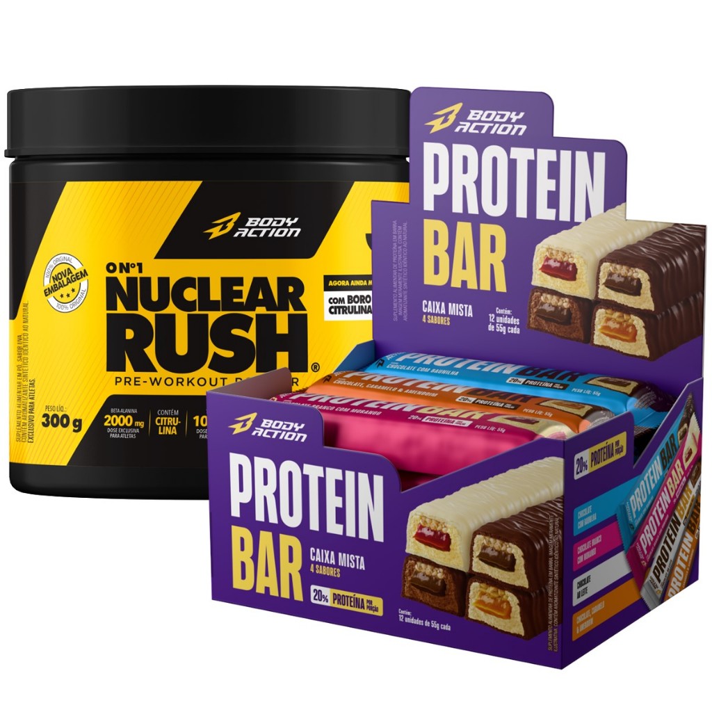 Pré Treino Nuclear Rush 300g + Barra de Proteína 12 Unids Bodyaction