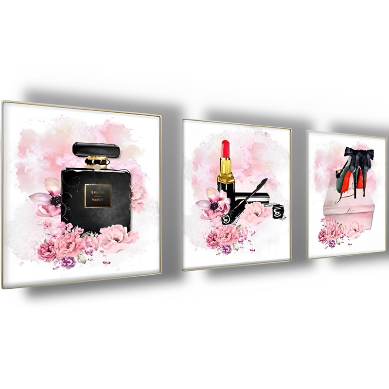 Quadro Decorativo 3 peças 40x60 Acessórios Perfume Make Sapatos Femininos Moda minimalista em Oferta na Shopee
