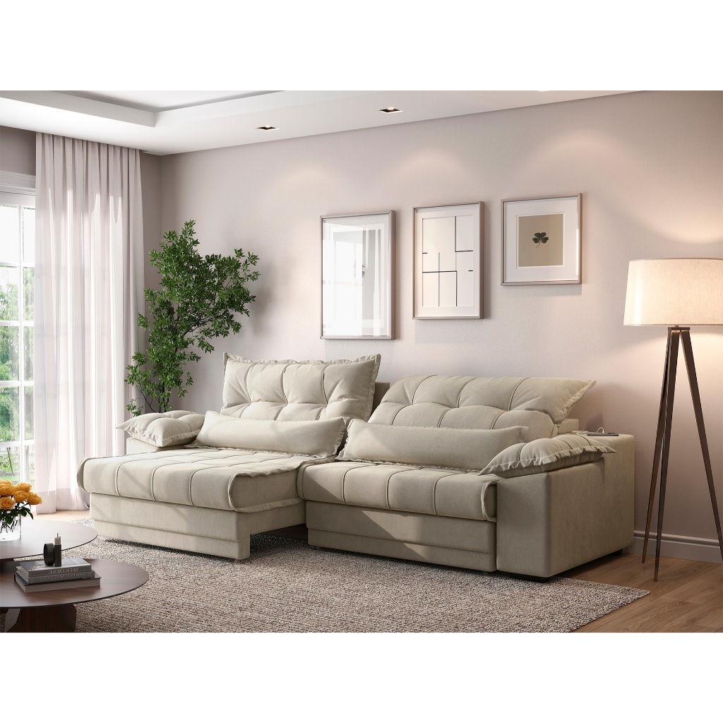 Sofá Retrátil e Reclinável com Molas ensacadas e Carregador USB Colosso 2,30m Veludocristal Areia - NETSOFAS em Oferta na Shopee