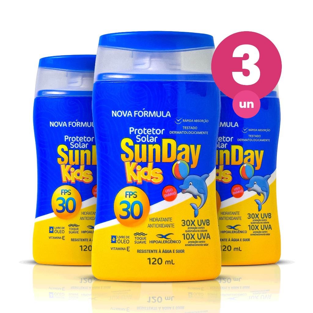 Kit 3 Protetor Solar FPS 30 Sunday Kids 120ml Fragrância Suave Hidratante e Antioxidante Sem Óleo Nutriex - Beauty