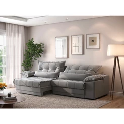 Sofá Retrátil e Reclinável com Molas ensacadas e Carregador USB Colosso 2,90m Veludocristal Cinza - NETSOFAS