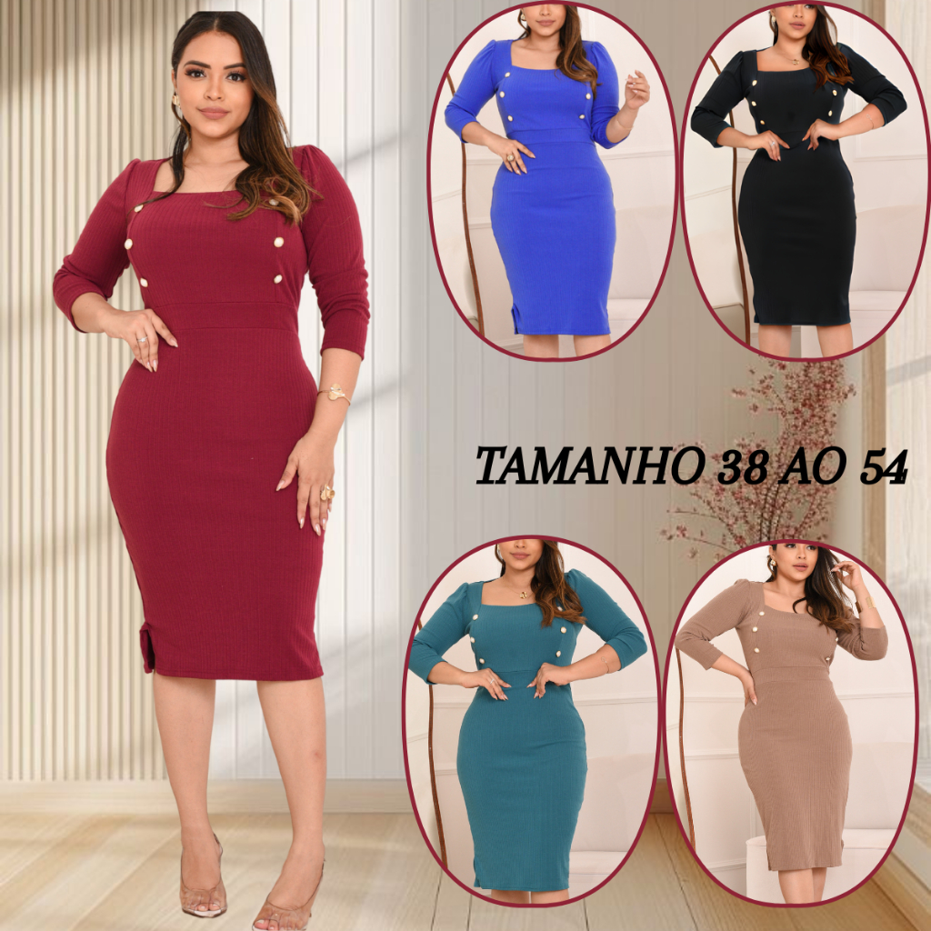 Vestido Mídi Feminina Social Manga3/4 Gola Quadrado Botão Crepe Moda Evangélica Casual Luxo 38 AO 54 em Oferta na Shopee