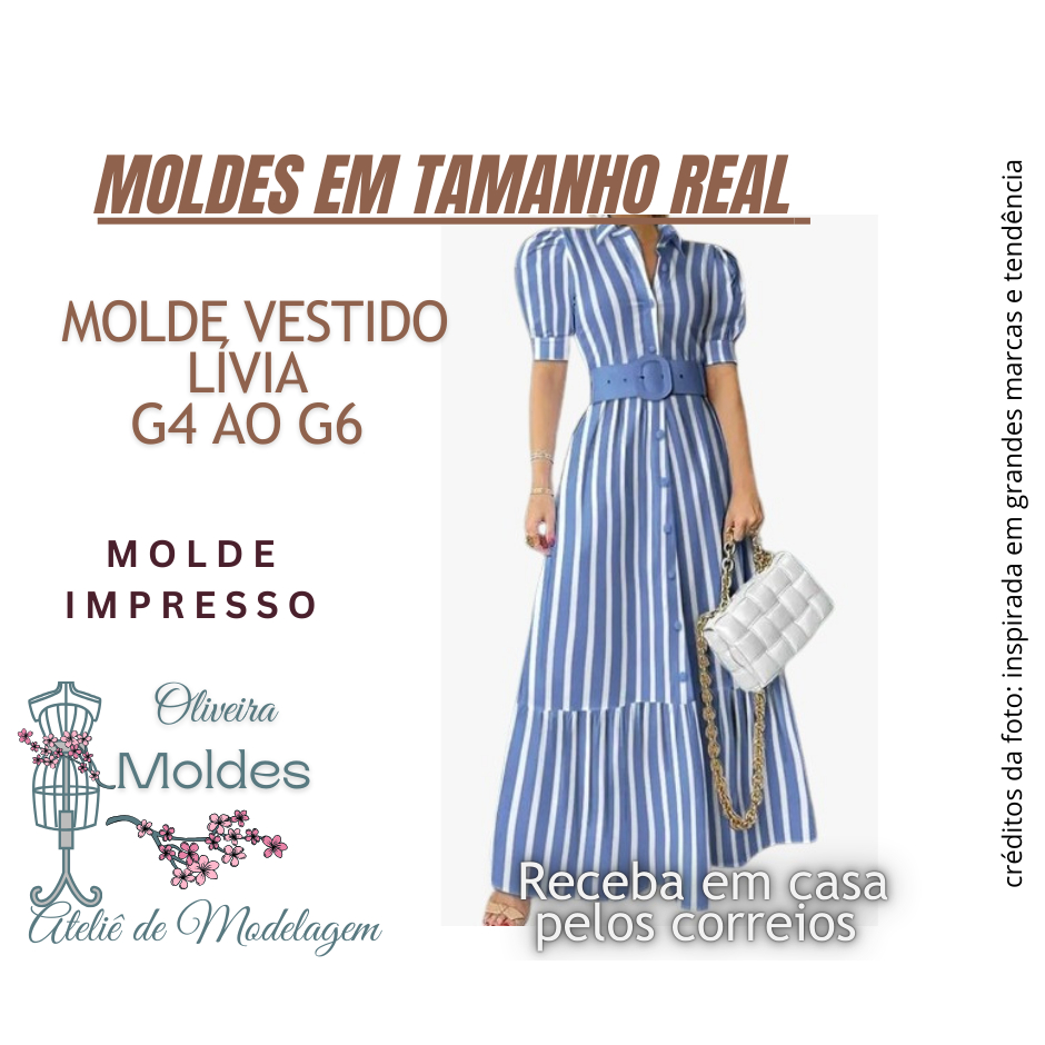 MOLDE VESTIDO/CHEMISIER LIVIA IMPRRESSO EM TAMANHO REAL GRADE G-4 A G-6