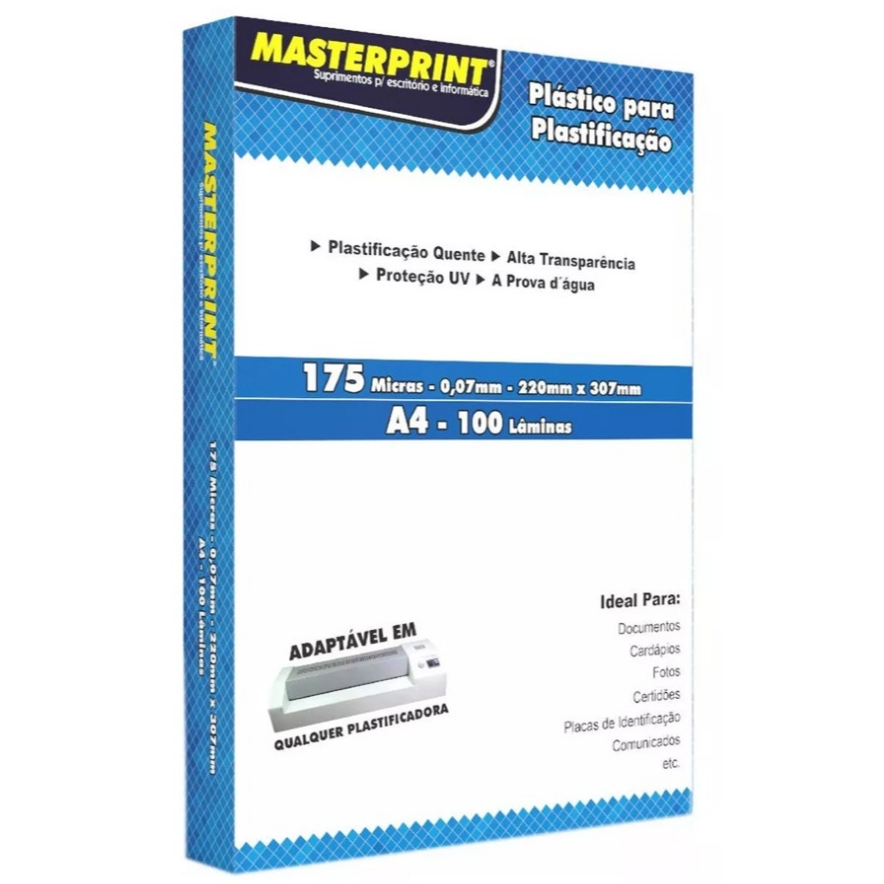 Plástico Plastificação A4 0,07mm 175 micras Pouch Film Masterprint 100 folhas OFERTA!!!