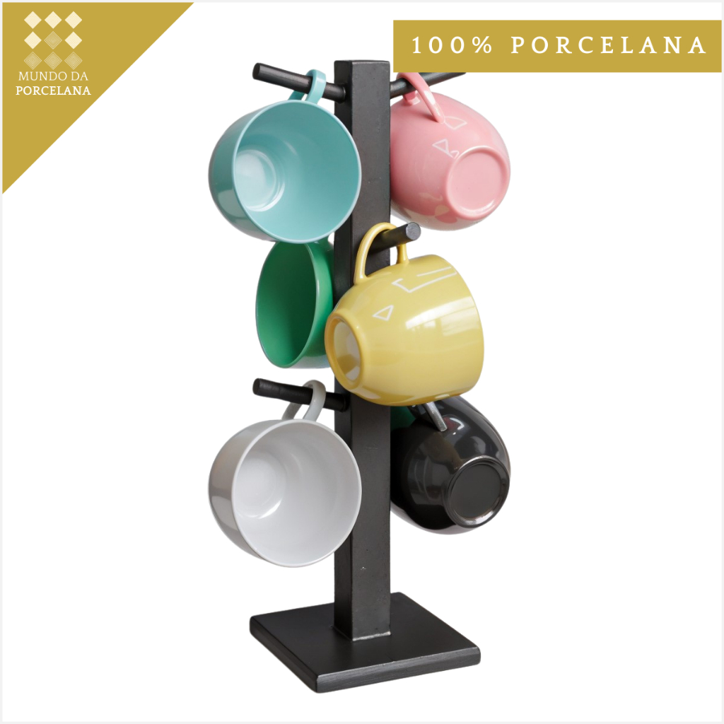 Jogo 6 Xícaras Porcelana 170ml Suporte Madeira Preto Cantinho Cafe Decoração